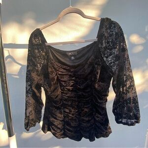 Y2K Black Velvet & Lace Ruched Blouse Soze XL